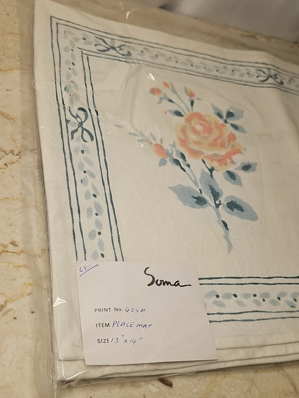 Vintage Soma 6-piece Placemat Set Cotton Canvas Rose Bow Design